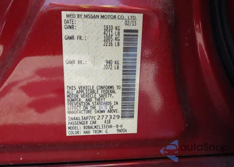 2015 Nissan Altima 2.5 Sv z USA, uszkodzony, nr VIN 1N4AL3AP7FC277329